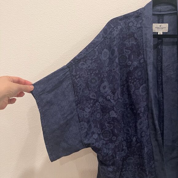 America Eagle Outfitters Blue Floral Linen Kimono One Size cardigan sweater top - Picture 3 of 8